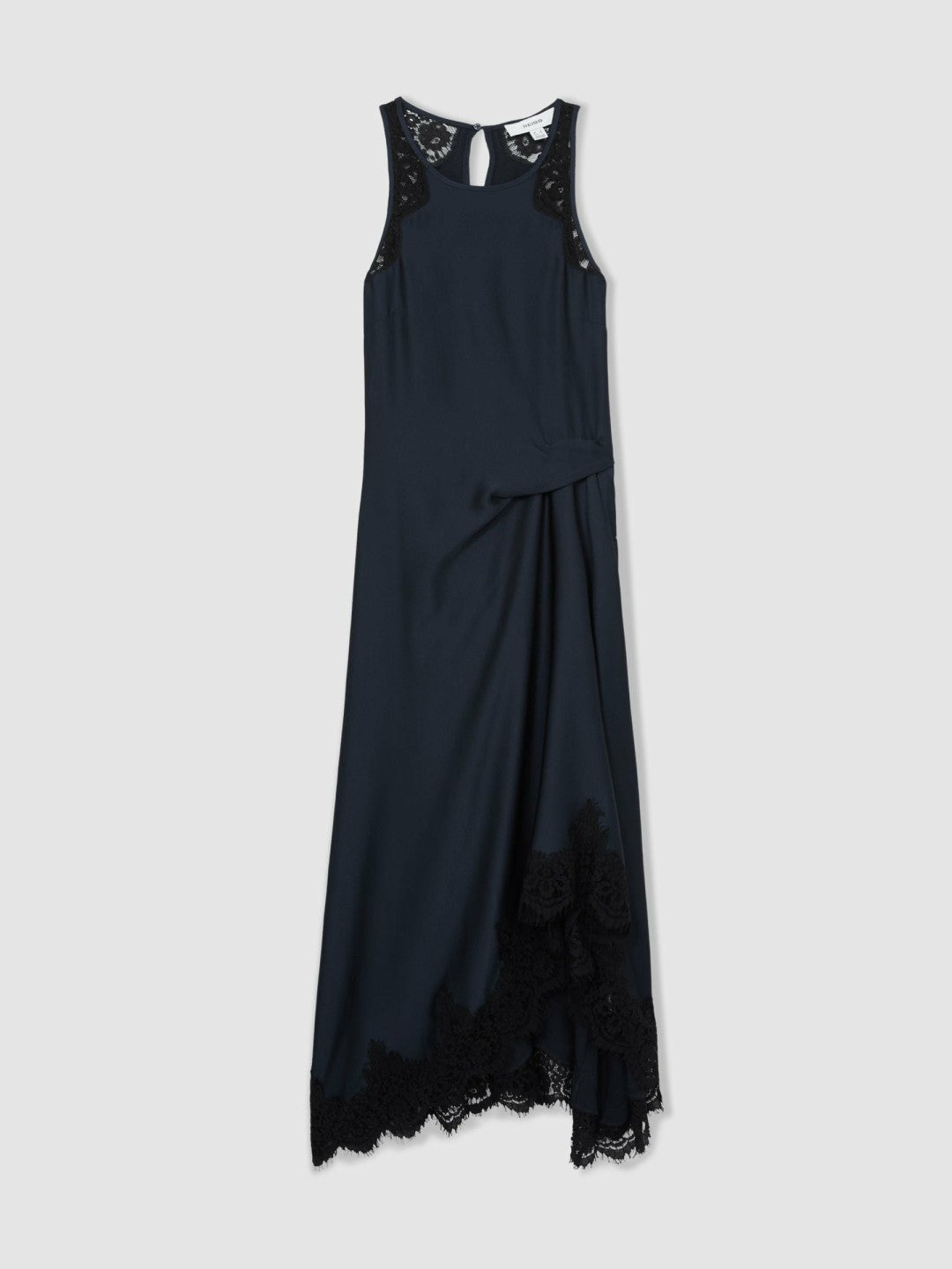 Petite Satin Drape Lace-Trim Dress in Navy Women | Reiss