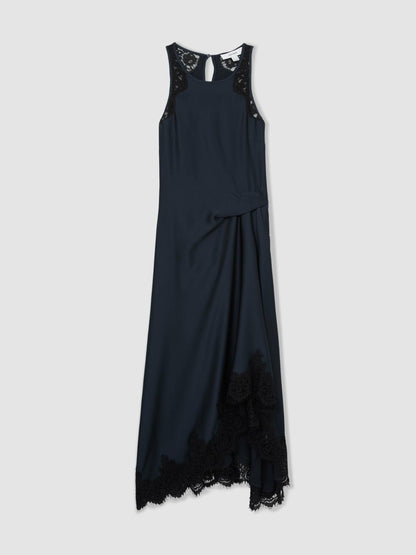 Petite Satin Drape Lace-Trim Dress in Navy Women | Reiss