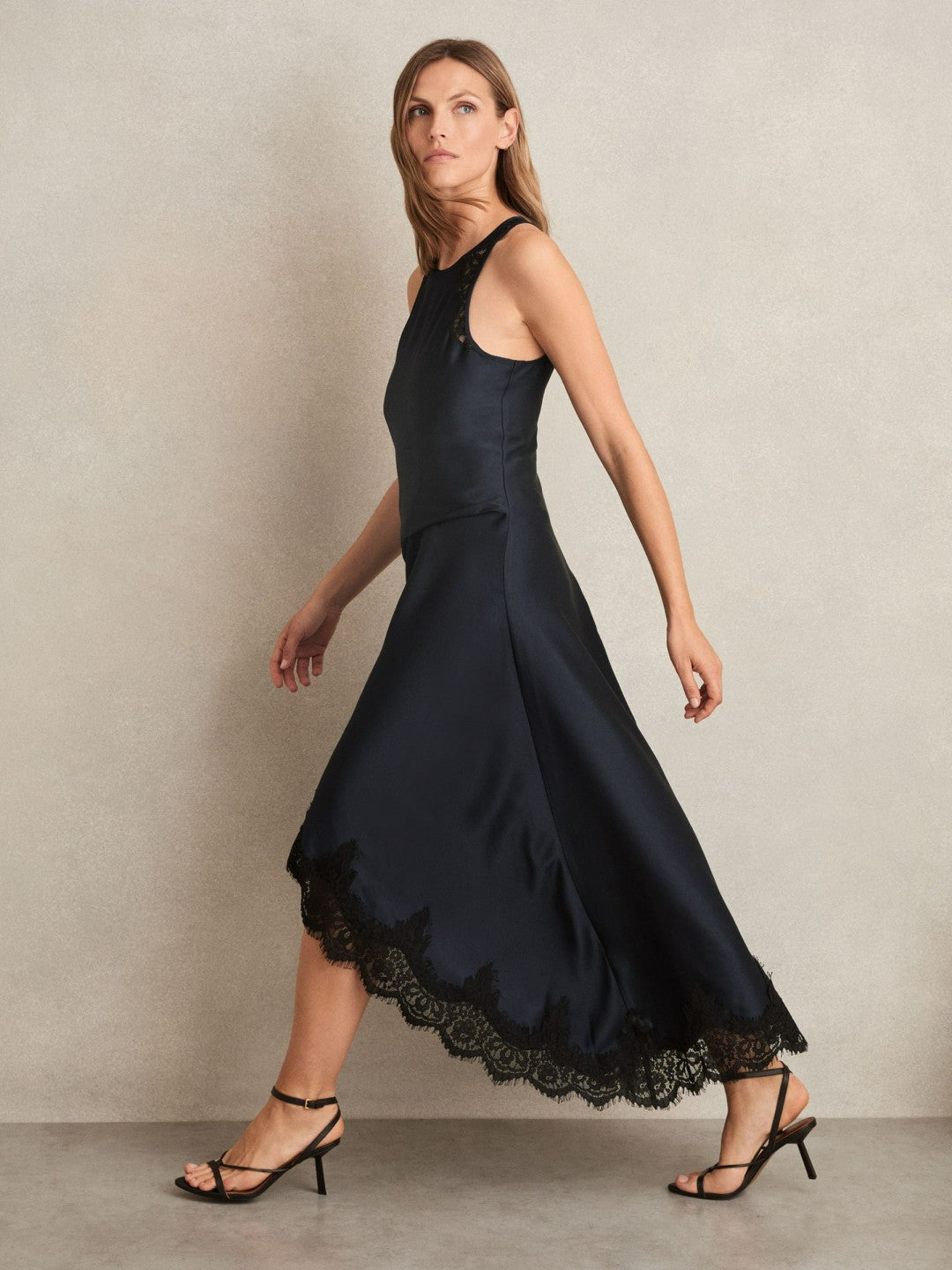 Petite Satin Drape Lace-Trim Dress in Navy Women | Reiss