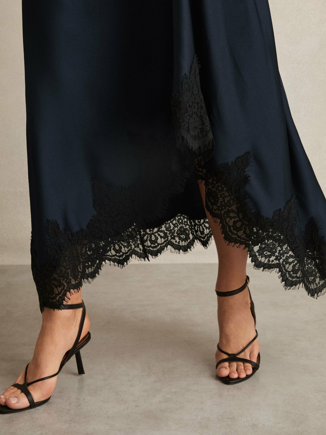 Petite Satin Drape Lace-Trim Dress in Navy Women | Reiss