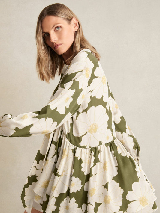 Floral Tie-Neck Swing Dress in Ivory/Green Women | Reiss