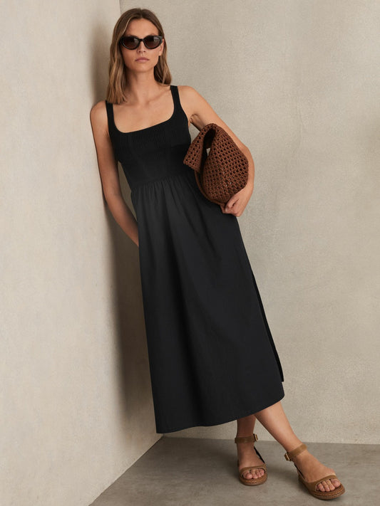 Perforated-Knit Cotton-Skirt Midi Dress in Navy Women | Reiss