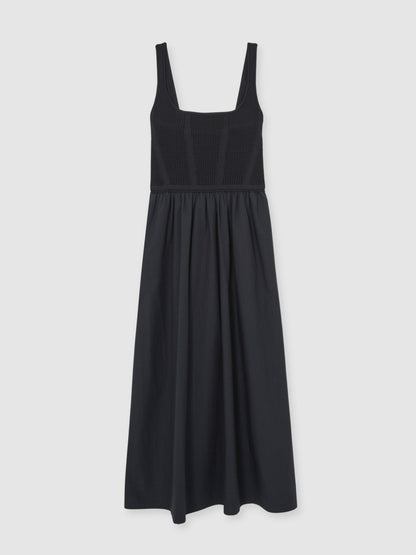 Perforated-Knit Cotton-Skirt Midi Dress in Navy Women | Reiss