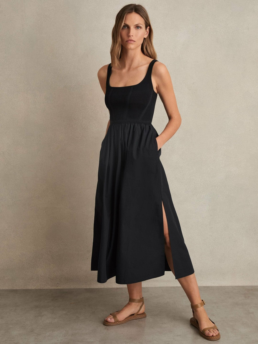 Perforated-Knit Cotton-Skirt Midi Dress in Navy Women | Reiss