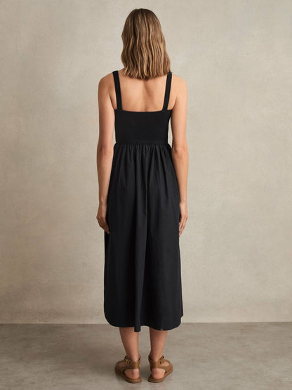 Perforated-Knit Cotton-Skirt Midi Dress in Navy Women | Reiss
