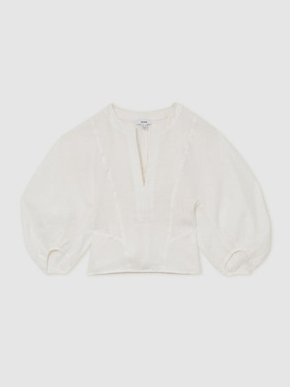 Linen Balloon-Sleeve Top in Ivory Women | Reiss