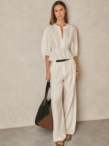 Linen Balloon-Sleeve Top in Ivory Women | Reiss