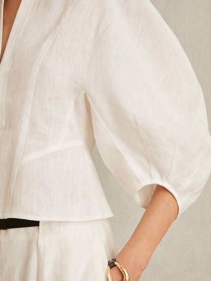 Linen Balloon-Sleeve Top in Ivory Women | Reiss