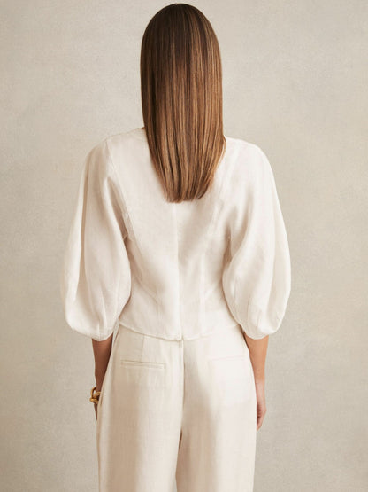Linen Balloon-Sleeve Top in Ivory Women | Reiss