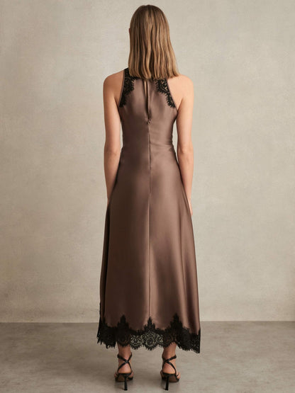 Satin Drape Lace-Trim Dress in Mocha Brown Women | Reiss