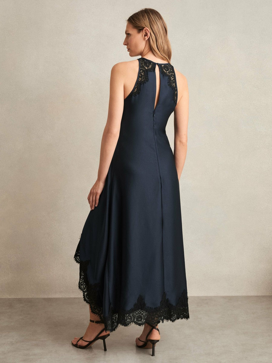 Satin Drape Lace-Trim Dress in Navy Women | Reiss