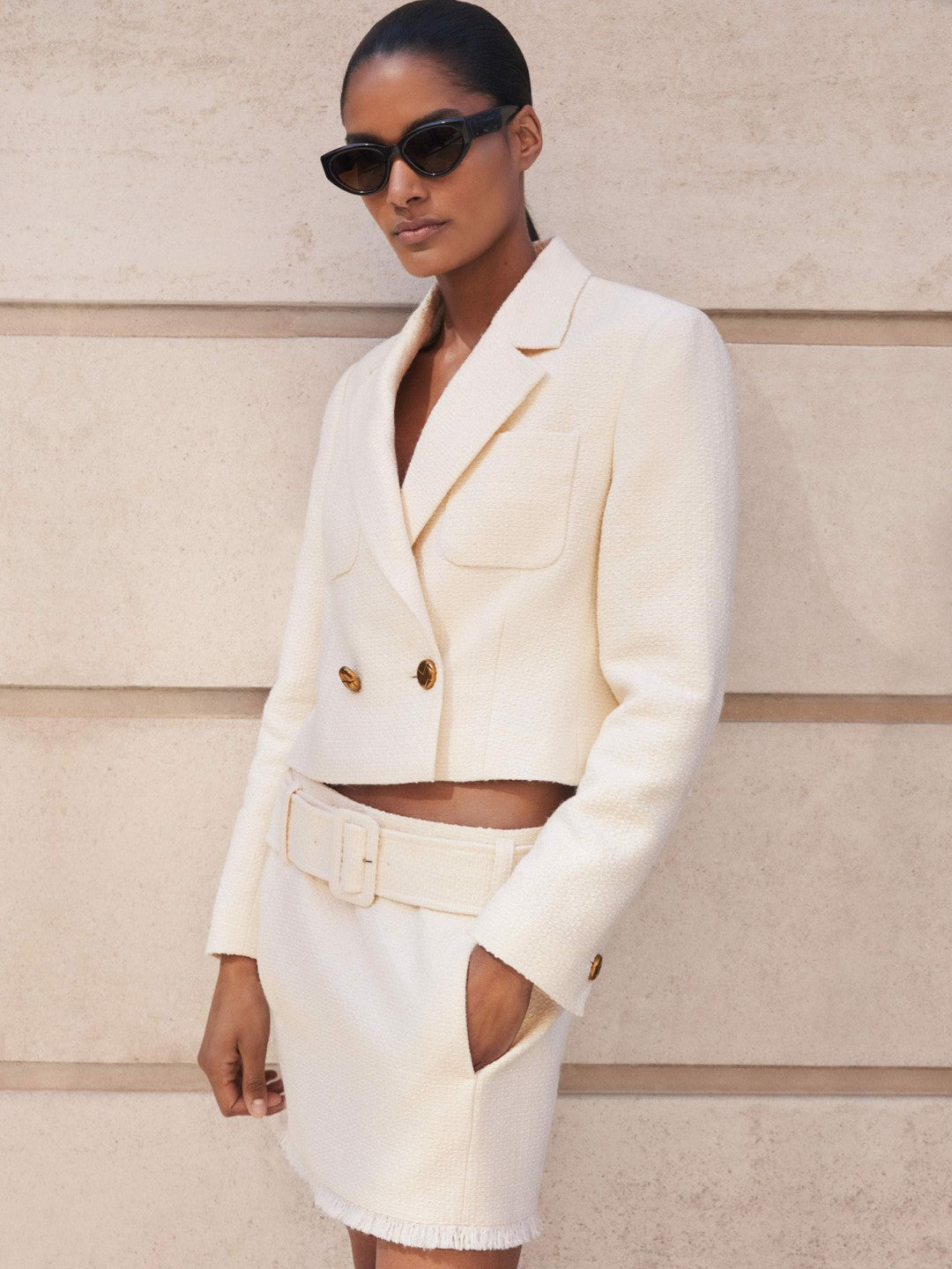 Bouclé Belted Mini Skirt With Wool and Cotton in White Women | Reiss