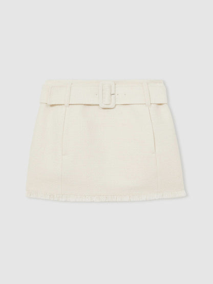 Bouclé Belted Mini Skirt With Wool and Cotton in White Women | Reiss