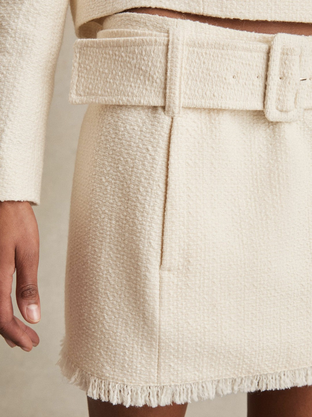 Bouclé Belted Mini Skirt With Wool and Cotton in White Women | Reiss