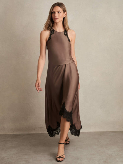 Petite Satin Drape Lace-Trim Dress in Mocha Brown Women | Reiss