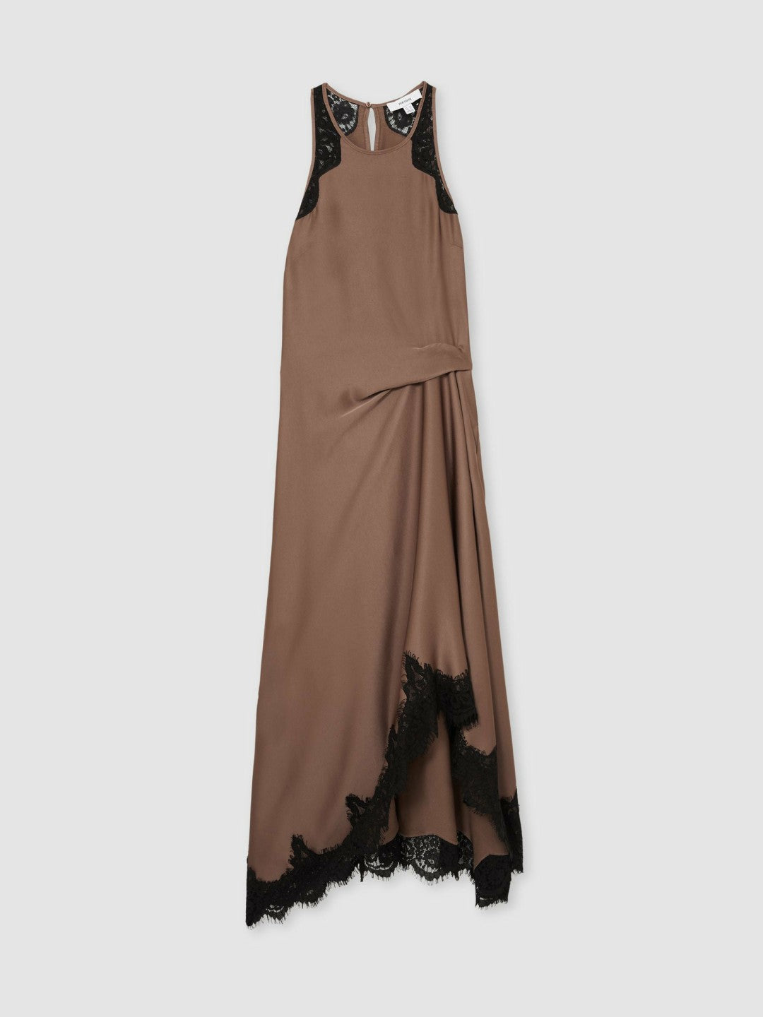 Petite Satin Drape Lace-Trim Dress in Mocha Brown Women | Reiss