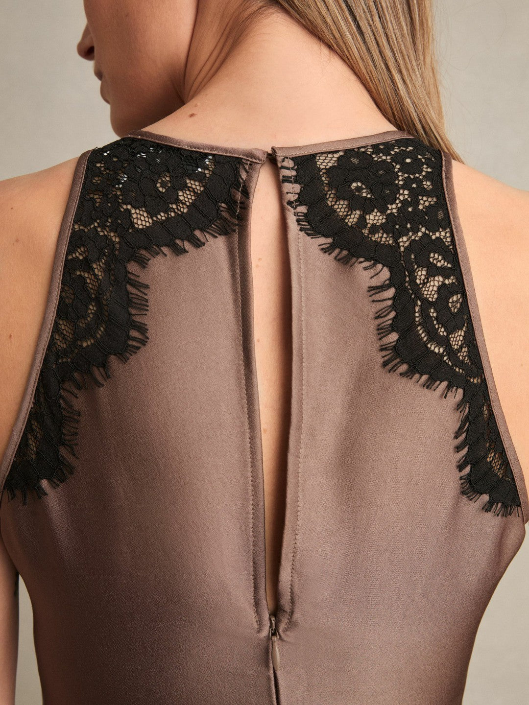 Petite Satin Drape Lace-Trim Dress in Mocha Brown Women | Reiss