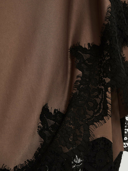 Petite Satin Drape Lace-Trim Dress in Mocha Brown Women | Reiss