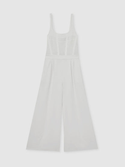 Perforated-Knit Wide-Leg Jumpsuit in Ivory Women | Reiss