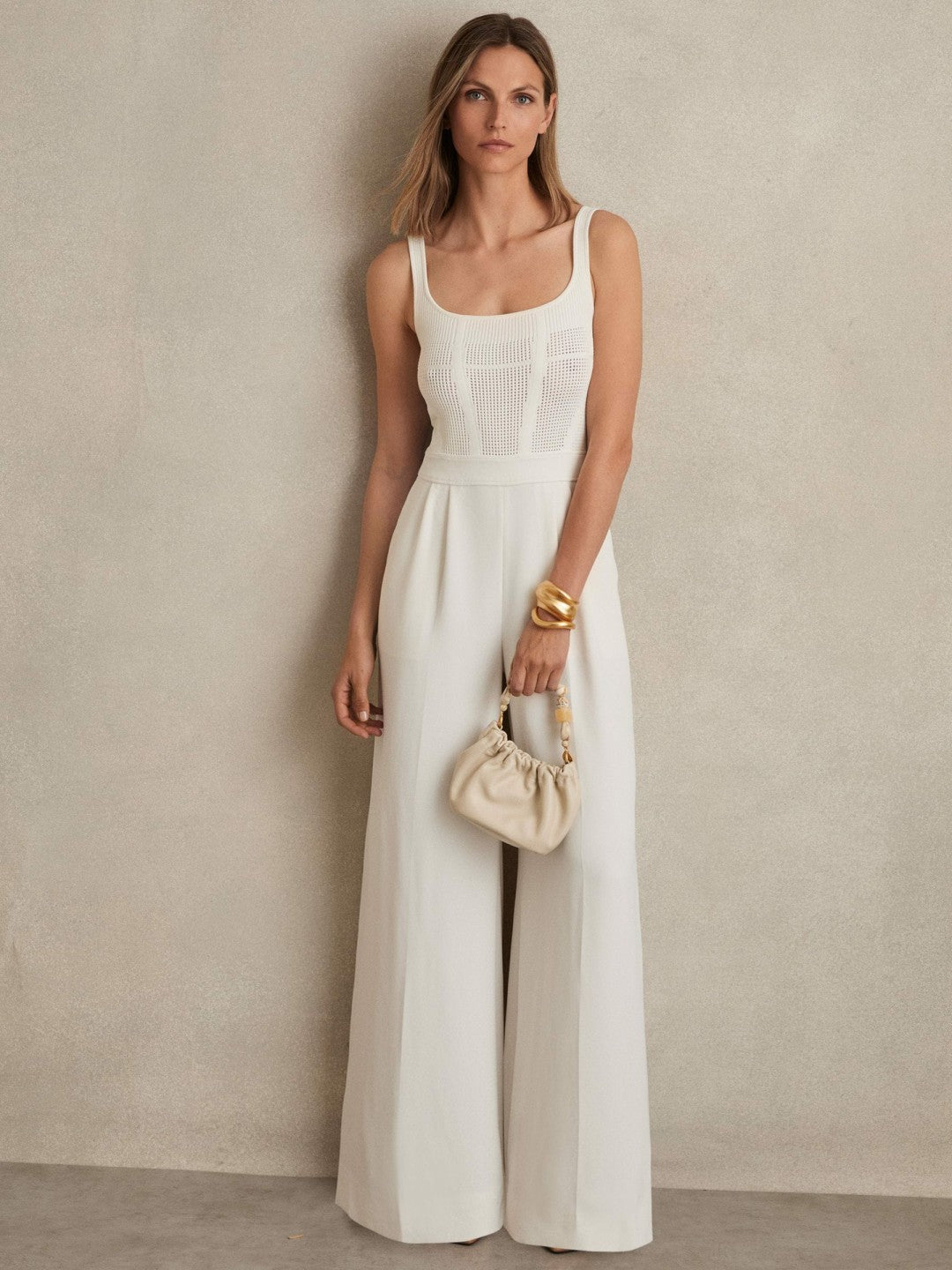 Perforated-Knit Wide-Leg Jumpsuit in Ivory Women | Reiss