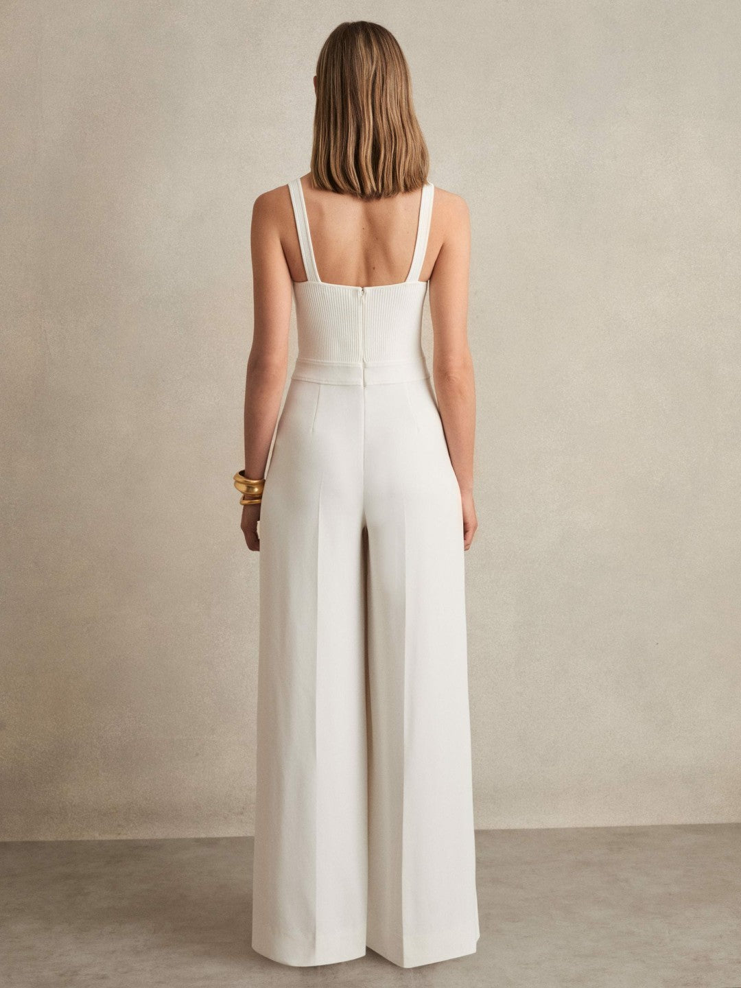 Perforated-Knit Wide-Leg Jumpsuit in Ivory Women | Reiss