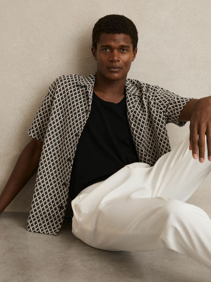 Geometric-Crochet Cuban-Collar Shirt in Navy/White Men | Reiss