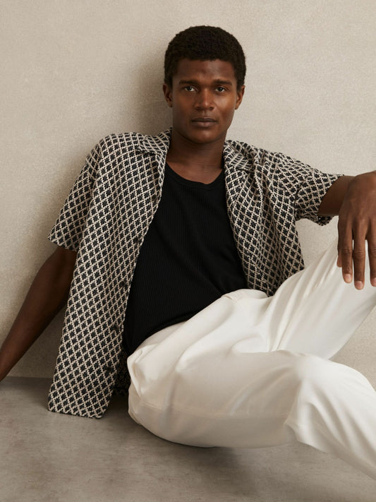 Geometric-Crochet Cuban-Collar Shirt in Navy/White Men | Reiss