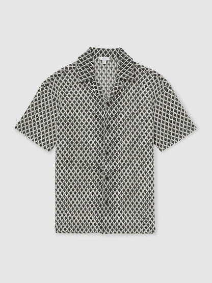 Geometric-Crochet Cuban-Collar Shirt in Navy/White Men | Reiss