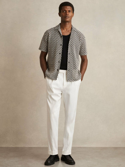 Geometric-Crochet Cuban-Collar Shirt in Navy/White Men | Reiss