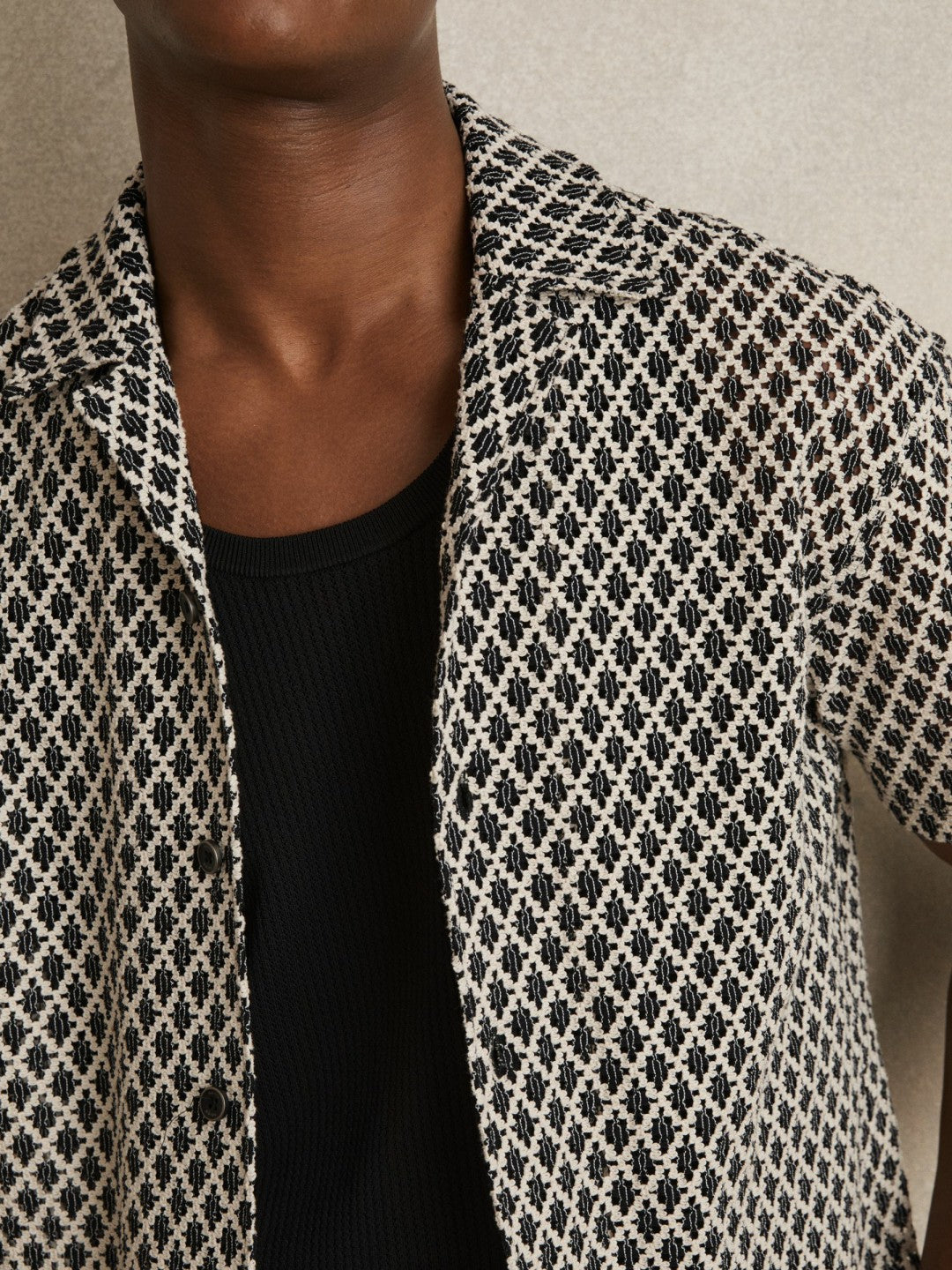 Geometric-Crochet Cuban-Collar Shirt in Navy/White Men | Reiss