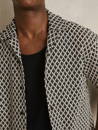 Geometric-Crochet Cuban-Collar Shirt in Navy/White Men | Reiss