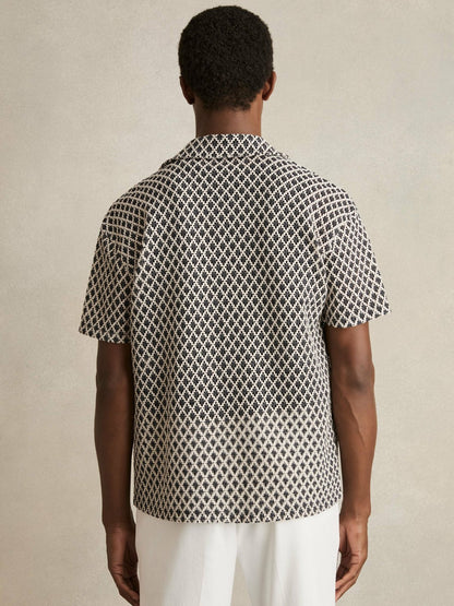 Geometric-Crochet Cuban-Collar Shirt in Navy/White Men | Reiss
