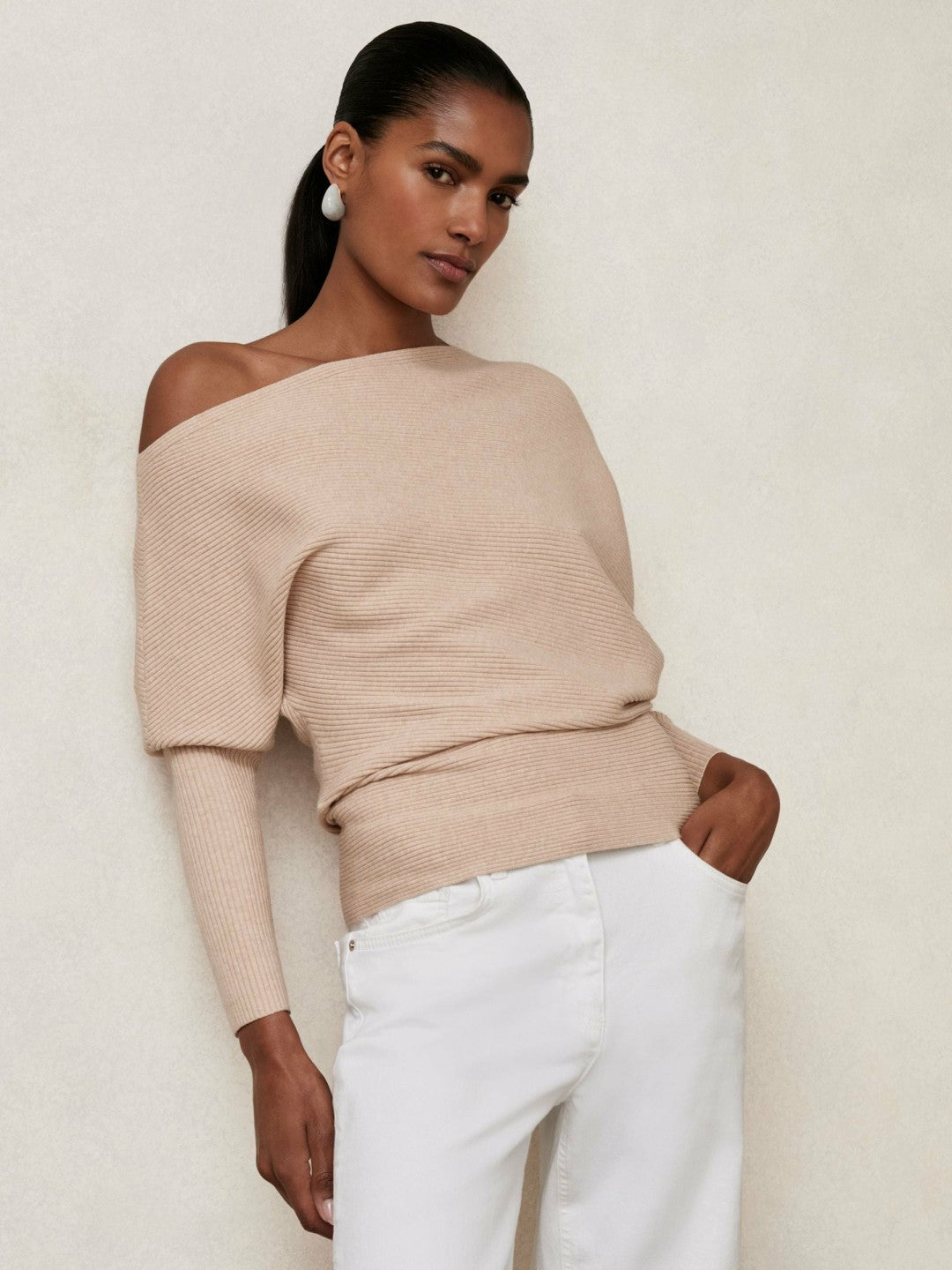 Asymmetric Draped Knitted Jumper in Oatmeal Neutral Women | Reiss