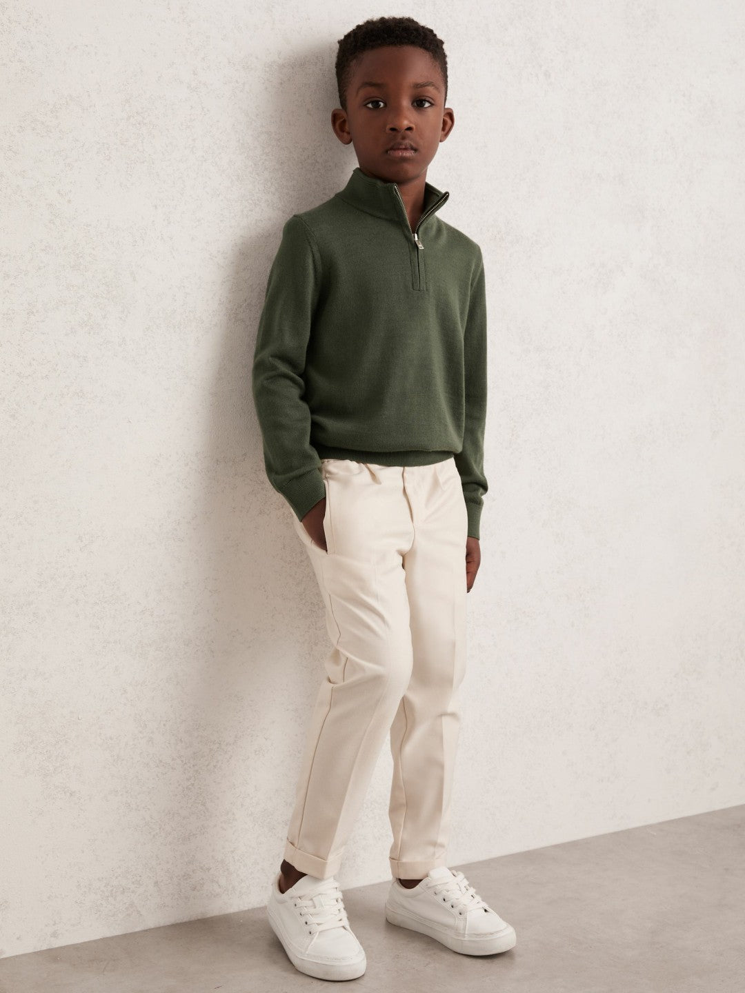 3-9 yrs Merino Wool Half-Zip Funnel Neck Jumper in Kale Green Children & Baby | Reiss