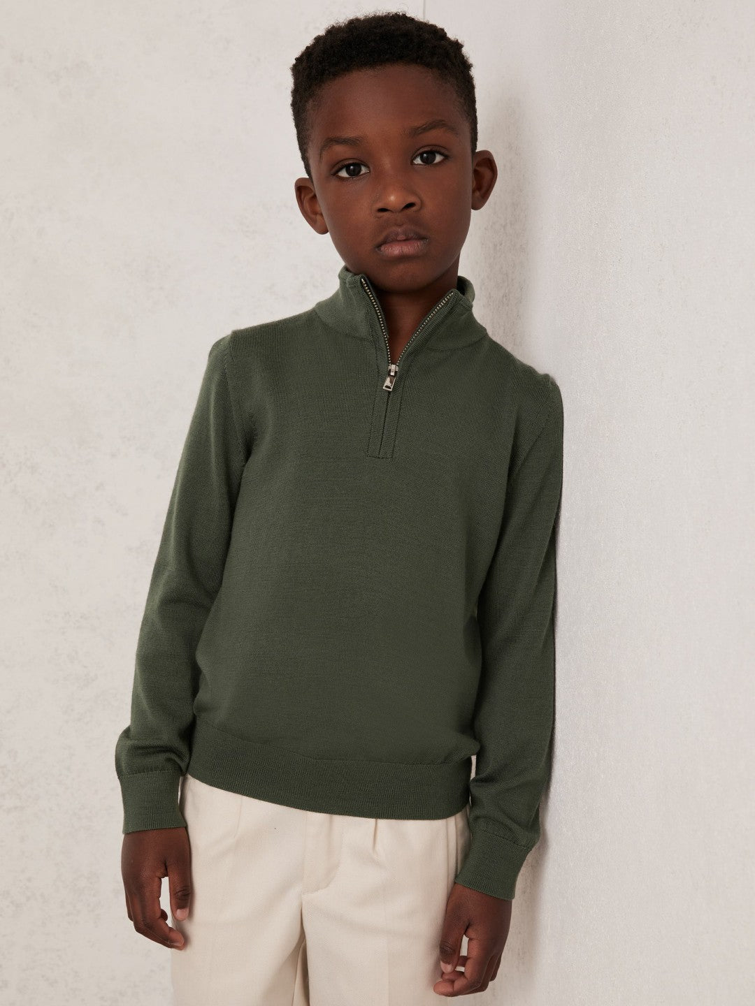 3-9 yrs Merino Wool Half-Zip Funnel Neck Jumper in Kale Green Children & Baby | Reiss