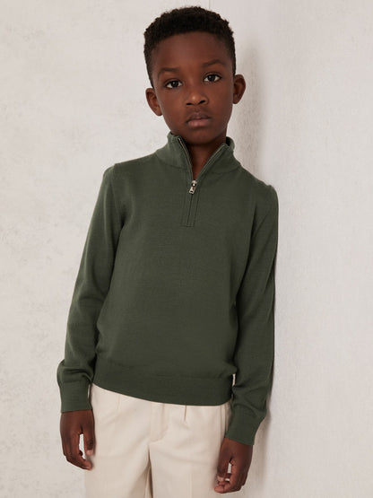 3-9 yrs Merino Wool Half-Zip Funnel Neck Jumper in Kale Green Children & Baby | Reiss