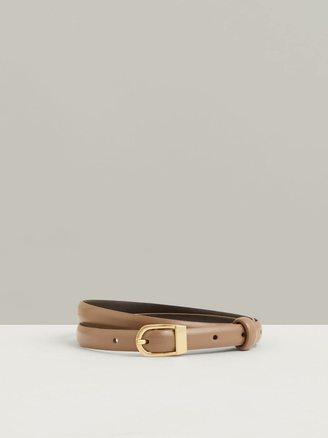 Leather Curved-Buckle Skinny Belt in Taupe Women | Reiss