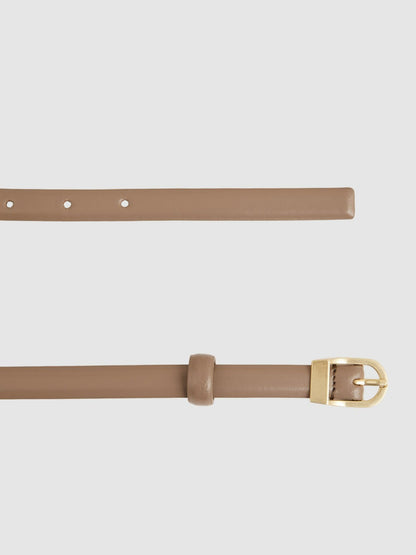 Leather Curved-Buckle Skinny Belt in Taupe Women | Reiss