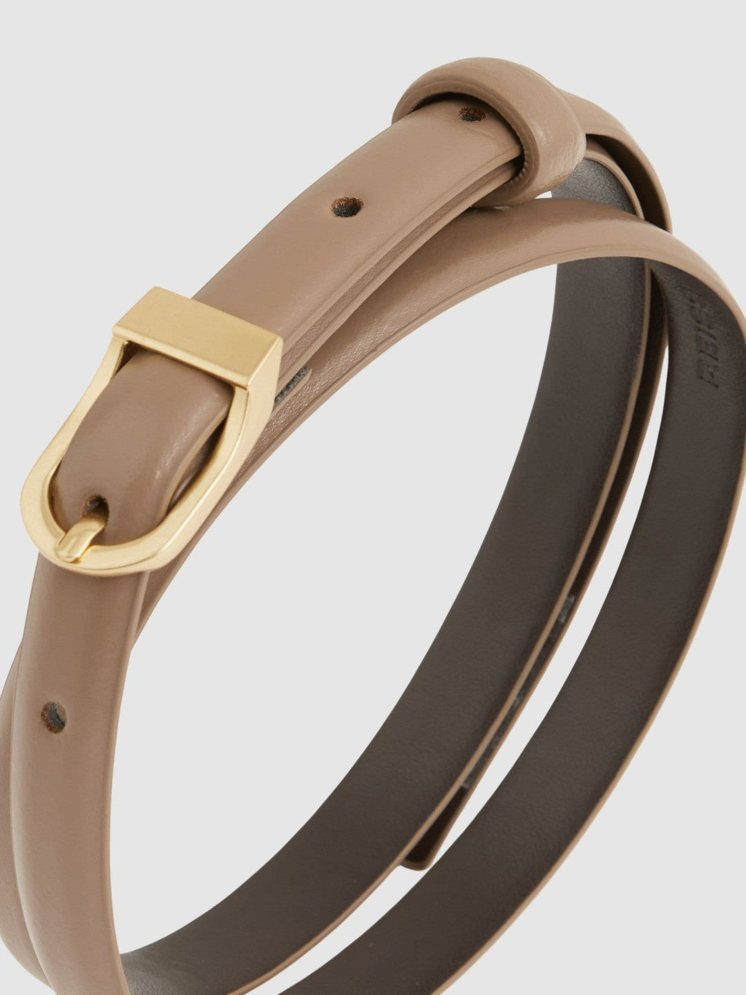 Leather Curved-Buckle Skinny Belt in Taupe Women | Reiss