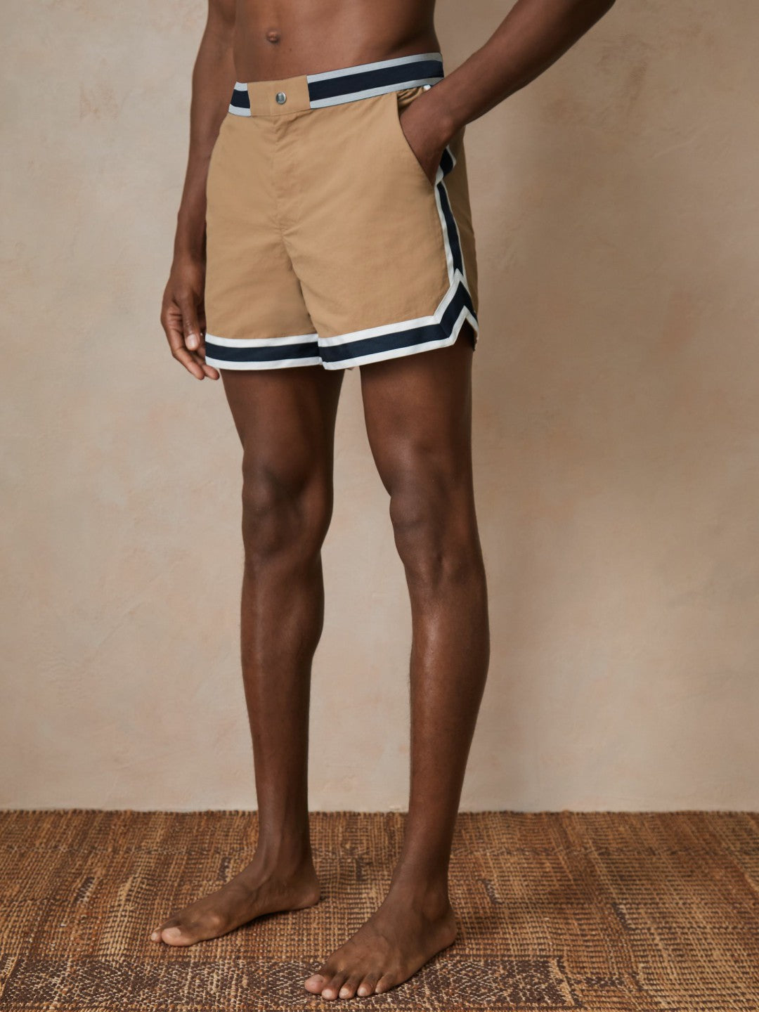 | Ché Stripe-Trim Swim Shorts in Camel Men | Reiss