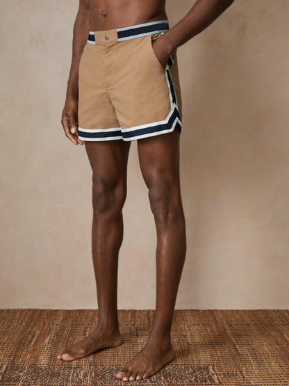 | Ché Stripe-Trim Swim Shorts in Camel Men | Reiss