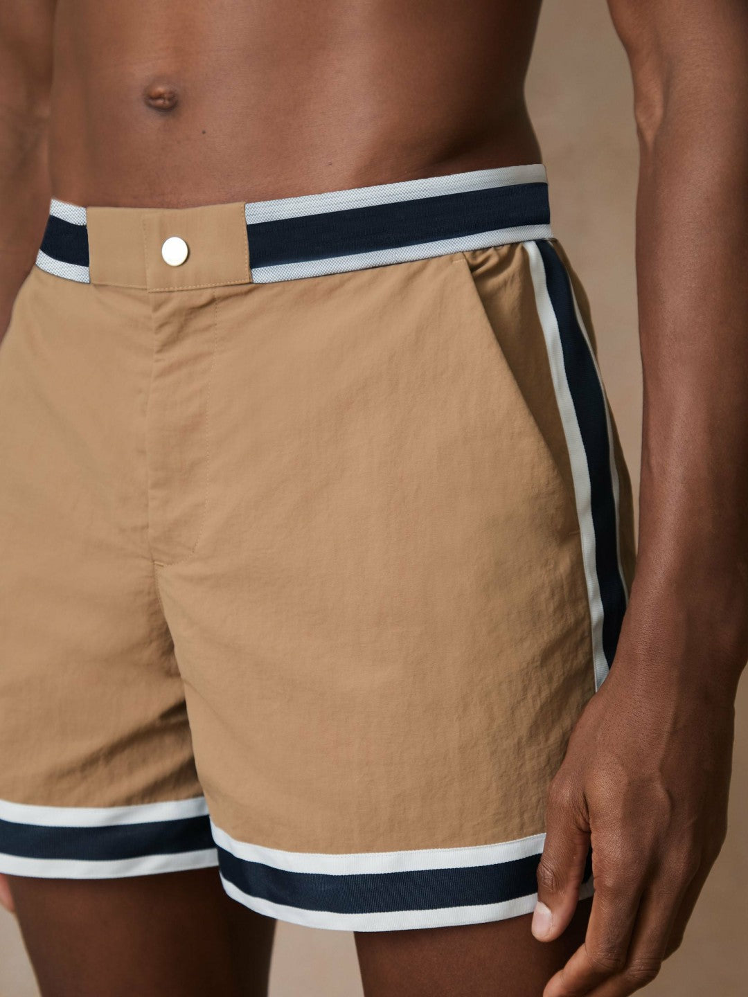 | Ché Stripe-Trim Swim Shorts in Camel Men | Reiss