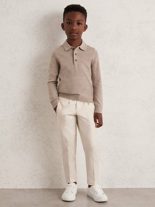 4-9 yrs Merino Wool Long-Sleeve Polo Shirt in Wheat Melange Children & Baby | Reiss