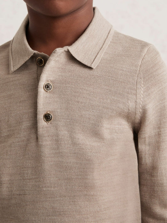 9-13 yrs Merino Wool Long-Sleeve Polo Shirt in Wheat Melange Children & Baby | Reiss