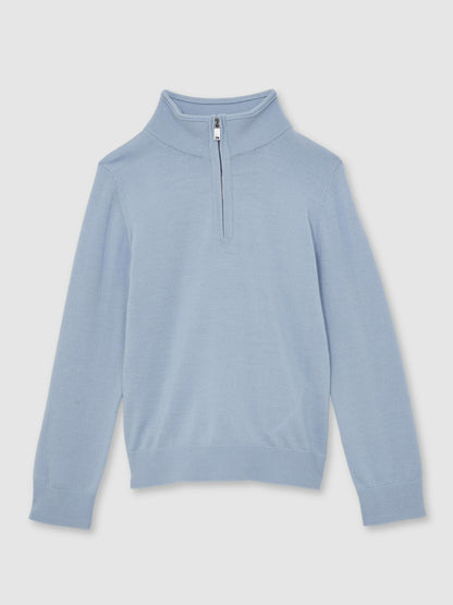9-13 yrs Merino Wool Half-Zip Funnel Neck Jumper in Soft Blue Melange Children & Baby | Reiss