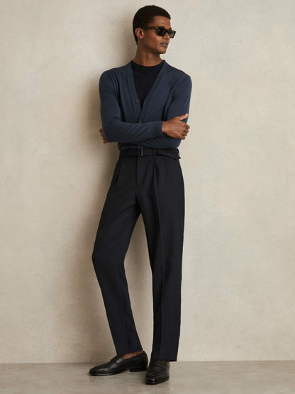 Wool-Blend Belted Pleated Trousers Regular-Fit in Navy Men | Reiss
