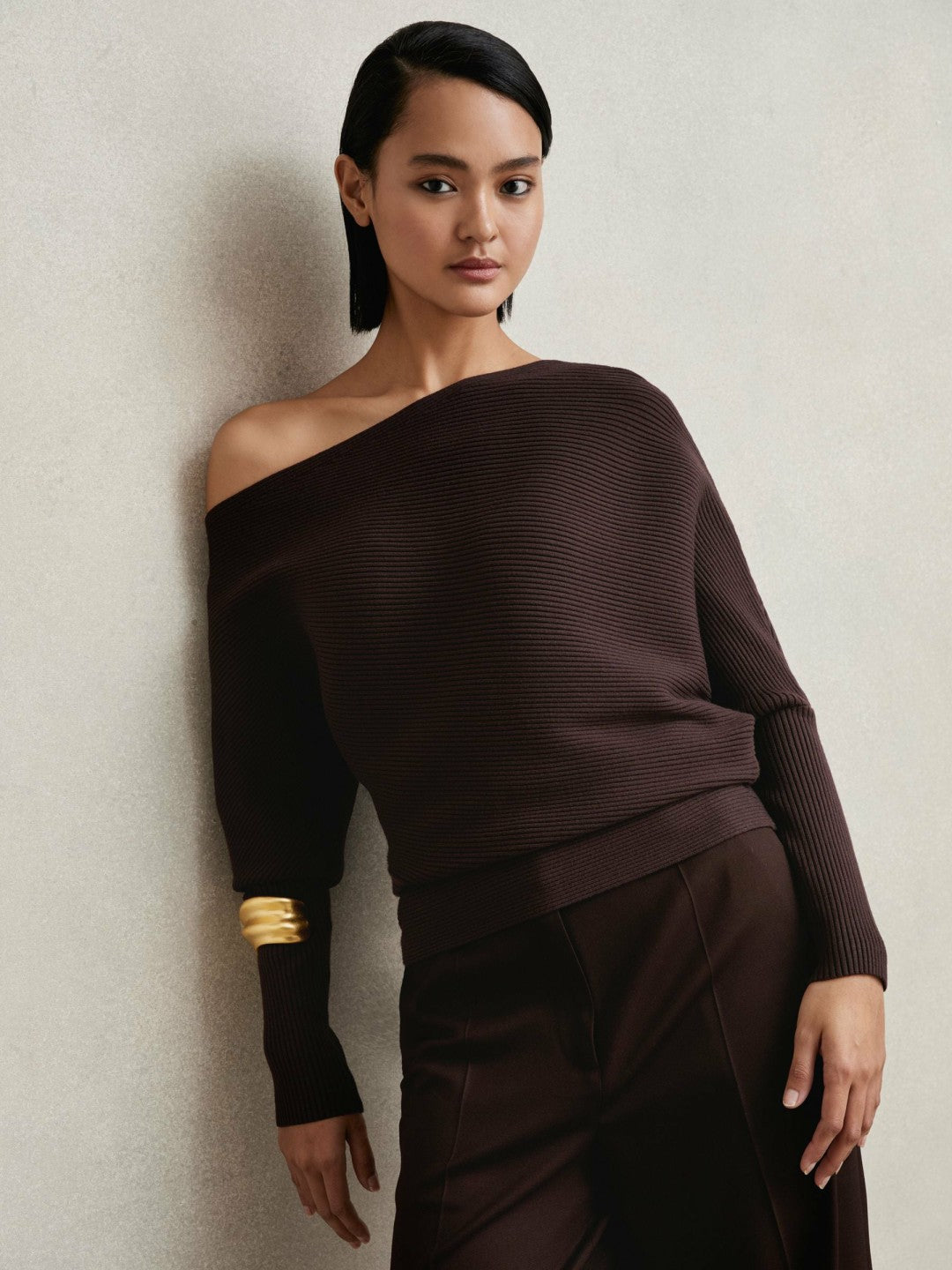 Asymmetric Draped Knitted Jumper in Plum Women | Reiss