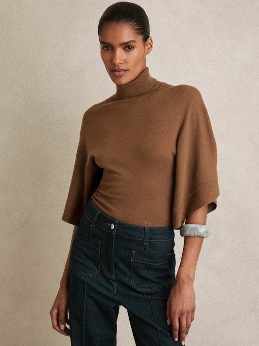 Merino Wool Batwing Roll-Neck Jumper in Tan Women | Reiss