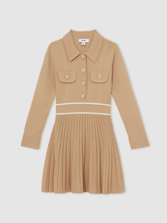 13-14 yrs Button-Detail Stripe Knitted Dress in Camel Children & Baby | Reiss