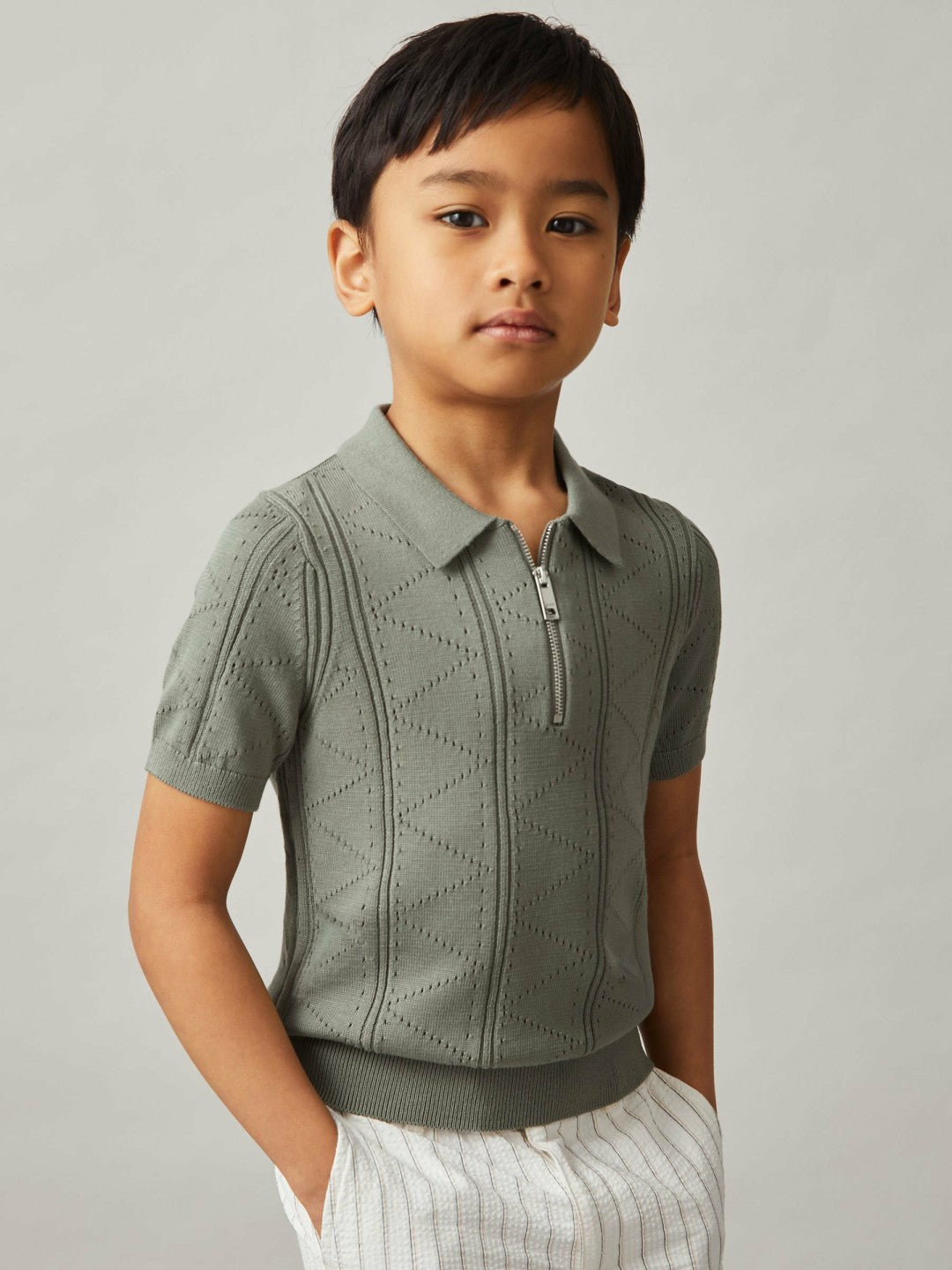 3-9 yrs Half-Zip Pointelle Polo Shirt in Sage Children & Baby | Reiss